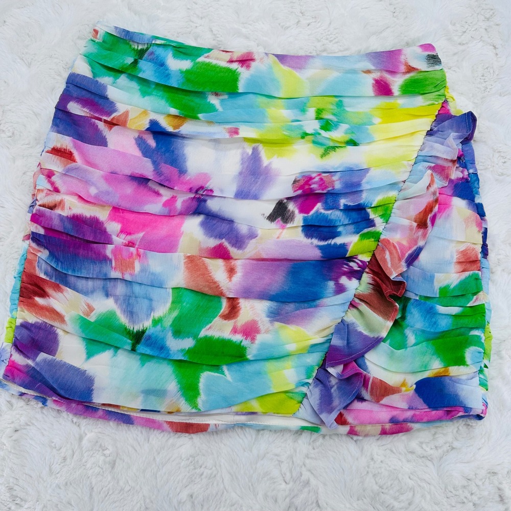 Zara Women Multicolor Watercolor Abstract Ruched Chiffon Mini Skirt M Ethereal